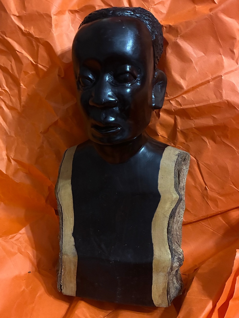 Vintage Hand-Carved Black Wood Bust Sculpture in Black and Brown